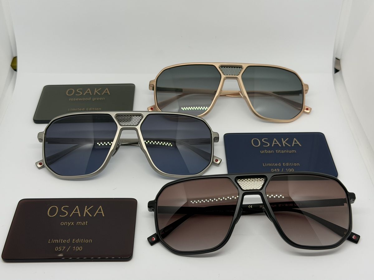 Drei Sonnenbrillen Osaka von Makellos, Limited Edition, in Gold, Titan und Onyx